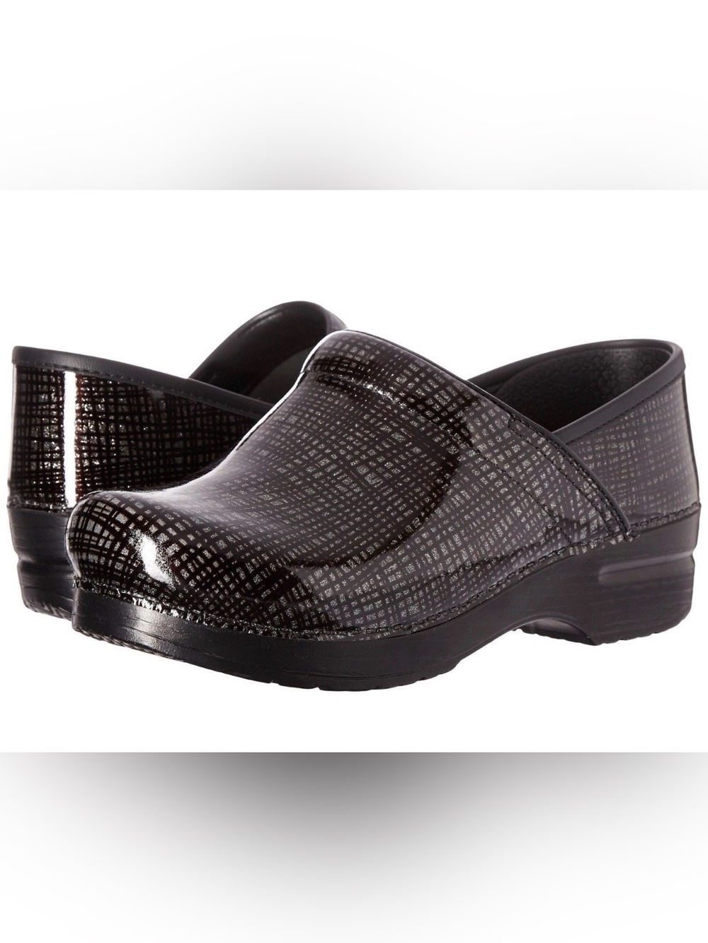 Black Patterned Patent Clogs